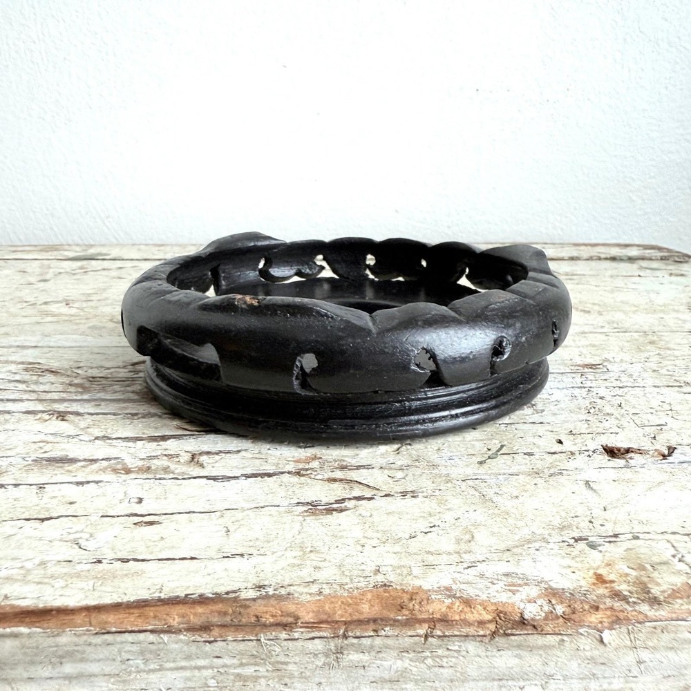 Vintage Asian 5" Round Carved Wood Vase Bowl Display Stand One Piece‎